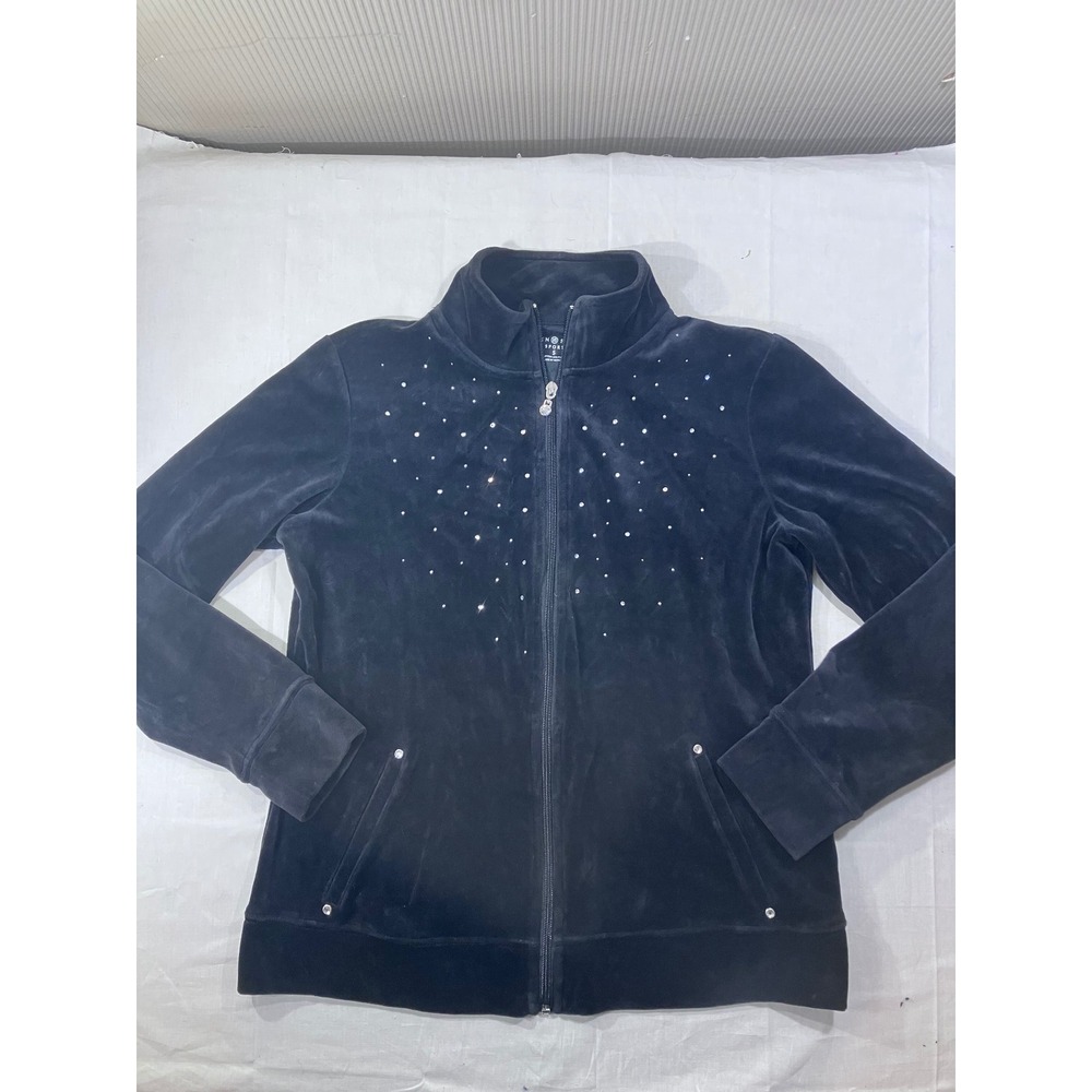 Karen Scott Sport Black Velour Rhinestone Zip‎ Up Jacket Womens Size S